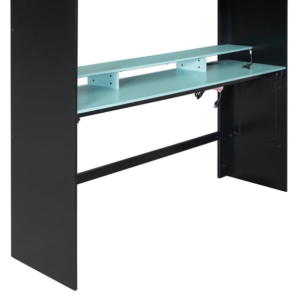 English Elm Full Size Gaming Bunk Bed with Rgb Lighting Integrated Desk Wardrobe and Storage Blue LT100266AAC