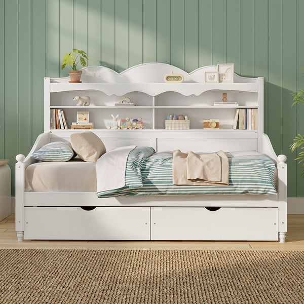 English Elm Twin Daybed Retro Wood Frame with Under Bed Drawers and Headboard Shelving White N733S415358K
