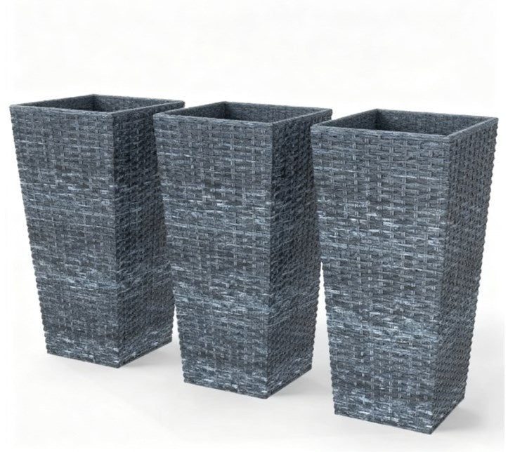 English Elm Outdoor Tall Rattan Style Column Planters Set of 3 Uv Resistant Pp with Drainage T3971P423222