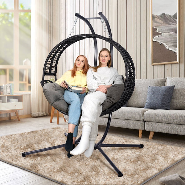 English Elm Double Hanging Egg Chair with Stand, Oversized 2-Person Rattan Swing, Convertible Recline, 700lb Capacity W2500P288856