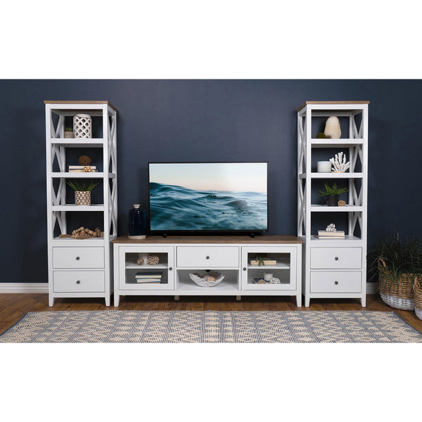 English Elm Delaney White 72" 4-Shelf Bookcase Media Tower with Ash Veneer Top, X-Side Accents & 2 Drawers — Cottage Coastal Farmhouse Charm B062P358338