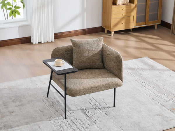 English Elm Leisure Linen Accent Chair with Built-in Side Table Pockets and Lumbar Pillow Modern Khaki W395P453308