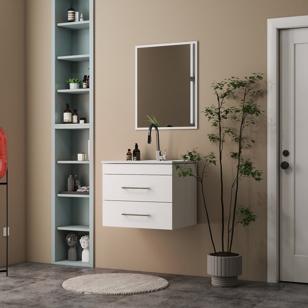 English Elm 24-Inch Modern White Gloss Wall-Mounted Bathroom Vanity With Soft-Close Drawers & Ceramic Sink W3151S00005
