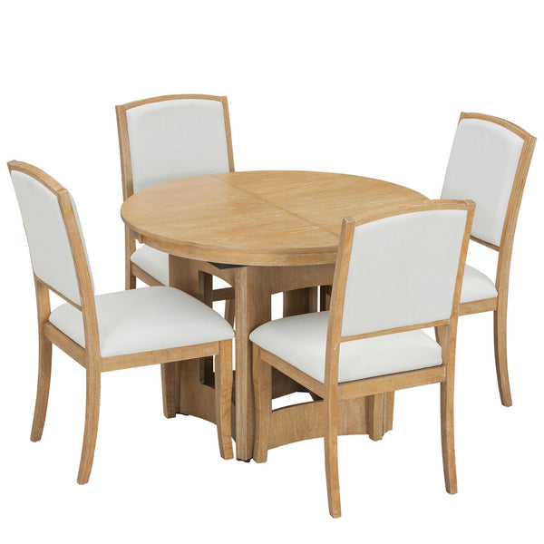 English Elm TOPMAX Solid Wood Extendable Round Dining Set for Small Spaces with 16" Removable Leaf and Cushioned Chairs Natural+Beige SP000091AAN