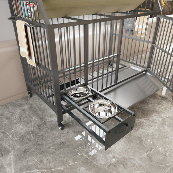 English Elm Large Pet Cage with Iron Frame Mdf Panels Storage Rack and Steel Feeding Basins Beige,Black W3064P245386