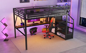 English Elm Queen Metal Loft Bed with Desk Charging Station Rgb Lighting and Storage Stairs W2580S00091