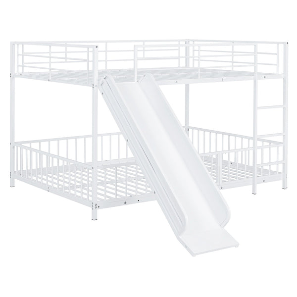 English Elm Full Full over Full Metal Bunk Bed with Slide, Interchangeable Stairs, Gate & Safety Guardrails for Kids White SF000170AAK