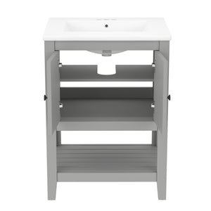 English Elm 24" Modern Sleek Bathroom Vanity with Ceramic Sink, Solid Wood Frame, Waterproof Finish and Open Shelf Storage Grey N725P246473E