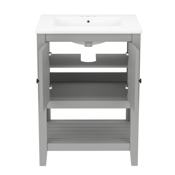 English Elm 24" Modern Sleek Bathroom Vanity with Ceramic Sink, Solid Wood Frame, Waterproof Finish and Open Shelf Storage Grey N725P246473E