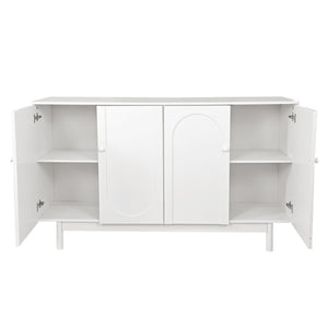 English Elm Stylish 4-Door Intaglio Storage Cabinet with Pine Legs and Solid Wood Pulls, Mid-Century Modern Console White W757P151917