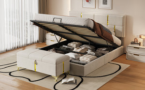 English Elm 2-pieces Queen Platform Bed Set Pu Upholstered Hydraulic Storage with Gold Accent Ottoman N733S362242A