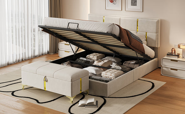 English Elm 2-pieces Queen Platform Bed Set Pu Upholstered Hydraulic Storage with Gold Accent Ottoman N733S362242A