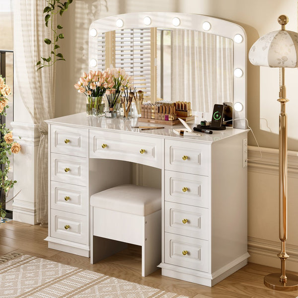 English Elm <old Sku Hollywood Vanity with 10 Bulbs 9 Drawers Cushioned Stool White Glam Bedroom N704G202308A
