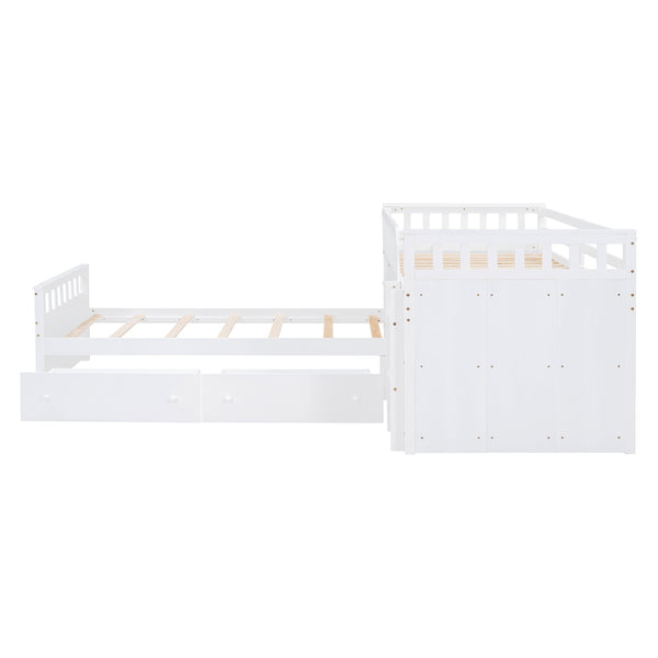 English Elm L-shaped Twin Loft Platform Bed with 7 Drawers Full Guardrails Kids White Pine LT000853AAK