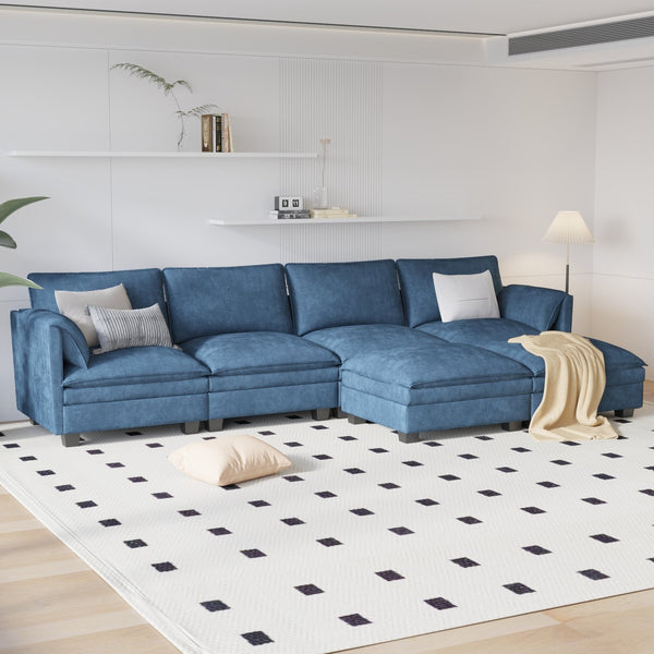 English Elm 141.5'' Large U-Shaped 6-Seater Sofa With Movable Ottoman, Modern Fabric Couch For Ultimate Comfort W680S00042