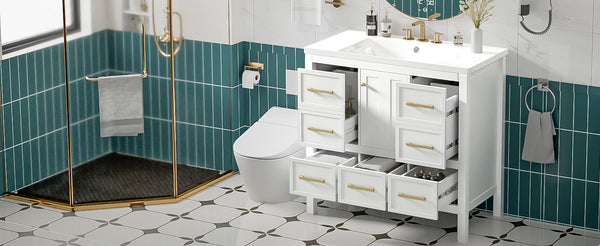 English Elm 36'' Bathroom Vanity with Resin Sink, Solid Wood Frame, 5 Drawers, Soft-Close Doors, Gold Knobs, Spacious Storage White SW000142AAK-1