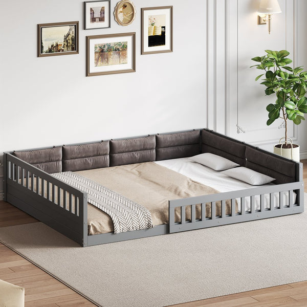 English Elm Wood Full Size Upholstered Platform Bed with Guardrail and Head Pillow, Sleek Silhouette, Sturdy 600lb Capacity Gray WF323090AAE