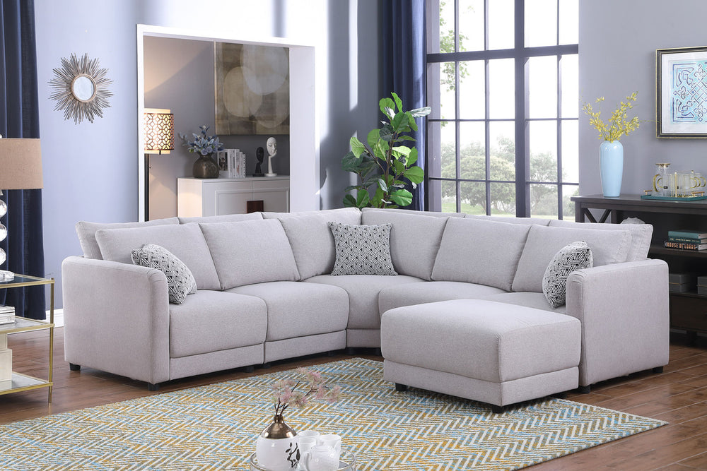 English Elm Fleur Modular Linen Sectional Sofa with Ottoman and Pillows for Modern Living Rooms B2749S00097