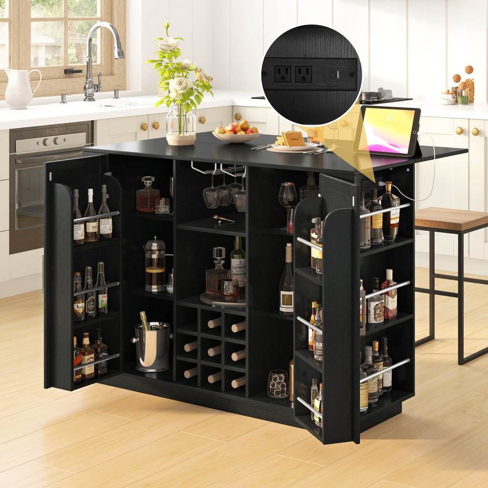 English Elm U_style Compact Kitchen Island with Drop Leaf Power Outlet Wine Rack Stemware Storage Black N711P437715B