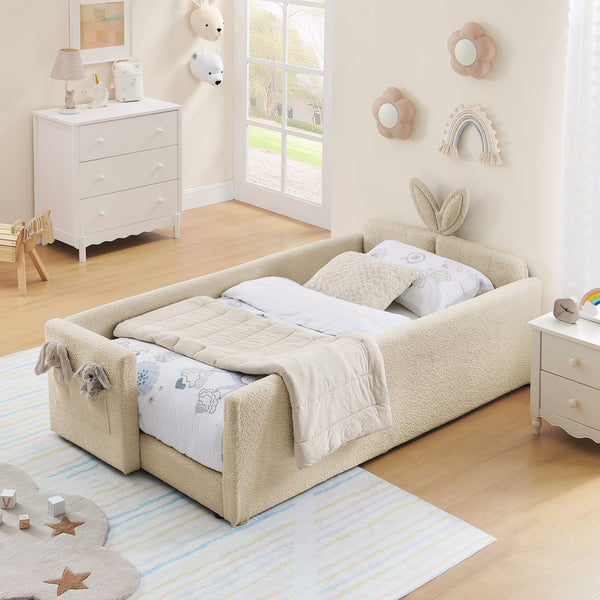 English Elm Twin Boucle Upholstered Kids Bed Whimsical Rabbit Ear Headboard with Safety Rail Camel W1413P407488
