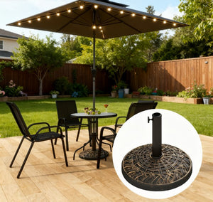 English Elm Umbrella Stand Resin Concrete Base with Lotus Relief Bronze Finish for Patio Decks T3971P426801