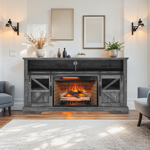 English Elm 60 Inch Farmhouse Electric Fireplace Tv Stand with Led Flame and Cabinet Storage Dark Oak W1769S00003