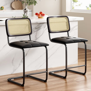 English Elm Farini Velvet Counter Height Bar Stools Set of 2 with Rattan Back, Cantilever Comfort & Floor Protectors Black T3623P354965