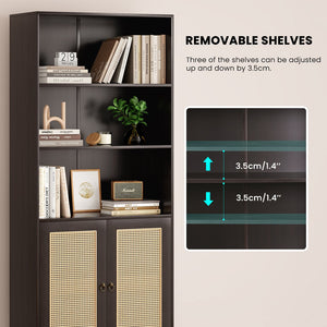 English Elm Tall Rattan Door Bookcase with 5 Shelves — Stylish Tall Storage Shelf for Living Room Office LibraryBedroom Walnut T3623P379905
