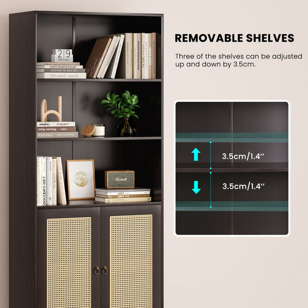 English Elm Tall Rattan Door Bookcase with 5 Shelves — Stylish Tall Storage Shelf for Living Room Office LibraryBedroom Walnut T3623P379905