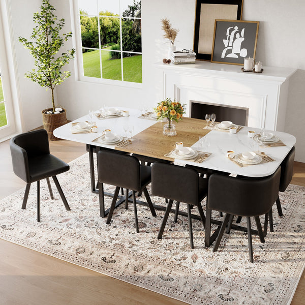 English Elm 9-piece Square Dining Set Faux Marble Wood Grain Top with 8 Black Leather Chairs W3875S00144