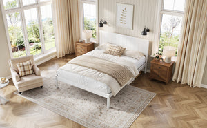 English Elm Platform King Bed Solid Pine Panel Headboard Wood Slat Base Modern Bedroom Frame White N709P425341K