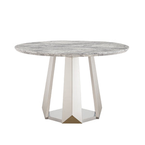 English Elm 47" Round Marble Dining Table - Elegant High Gloss Faux Marble Top & Durable Stainless Steel Base W3456S00008