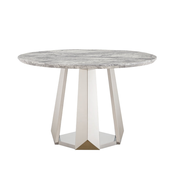 English Elm 47" Round Marble Dining Table - Elegant High Gloss Faux Marble Top & Durable Stainless Steel Base W3456S00008