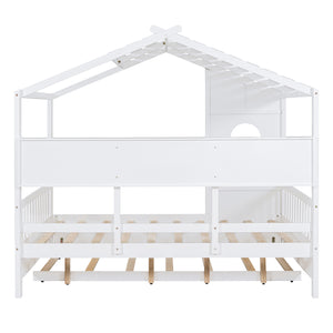 English Elm Wooden Full Size House Bed with Trundle and Built-In Shelves — Modern Pine Frame, Whimsical Roof Design White 57.2 L x 16.25 W x 5.9 H N733S316125K