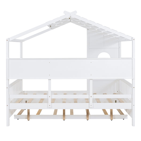 English Elm Wooden Full Size House Bed with Trundle and Built-In Shelves — Modern Pine Frame, Whimsical Roof Design White 57.2 L x 16.25 W x 5.9 H N733S316125K