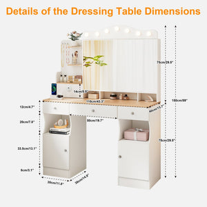 English Elm Vanity Desk With Adjustable Led Lights, Foldable Mirror, Ample Storage & Usb Power Strip - White Elegance W3767S00002-GIGA