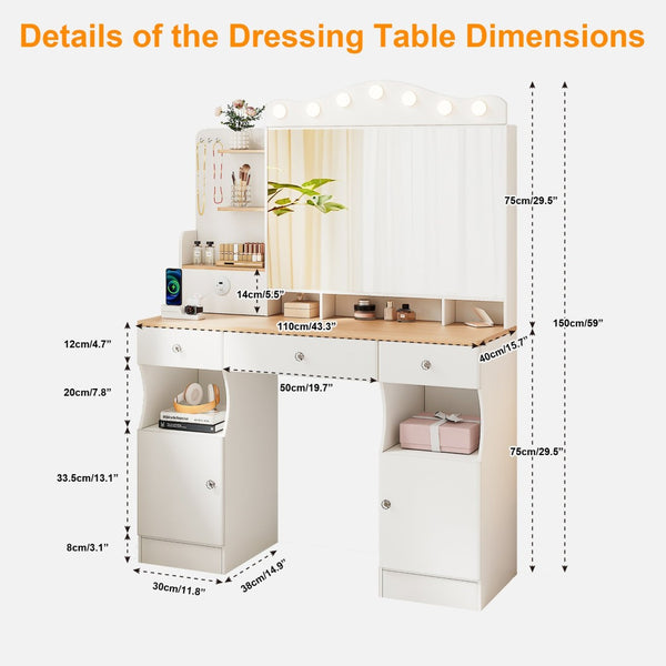 English Elm Vanity Desk With Adjustable Led Lights, Foldable Mirror, Ample Storage & Usb Power Strip - White Elegance W3767S00002-GIGA