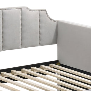 English Elm Dove Velvet Tufted Daybed with Trundle — Dove Gray Arched Back, Chrome Nailhead Trim, Black Legs (Twin) B062S00473