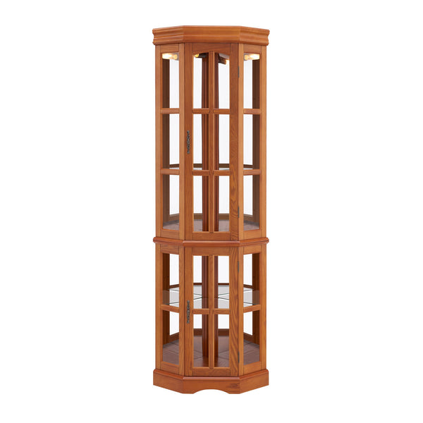 English Elm Corner Curio Cabinet with 5 Shelves and Built-In Lighting, Glass Display Case for Home Décor and Collectibles, Space-Saving Corner Accent (47x21x10.75) Oak W1693P183979