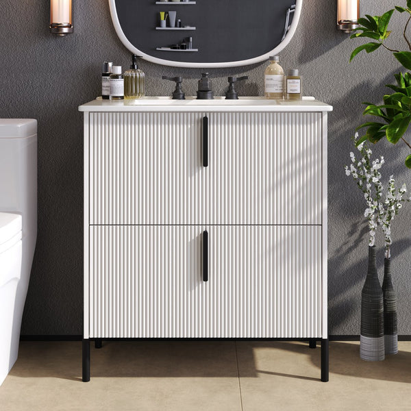 English Elm Christopher Knight Home® - 30" Elegant Bathroom Vanity With Ceramic Sink, Soft-Close Drawers & Fluted Design In Timeless White N817P295761W