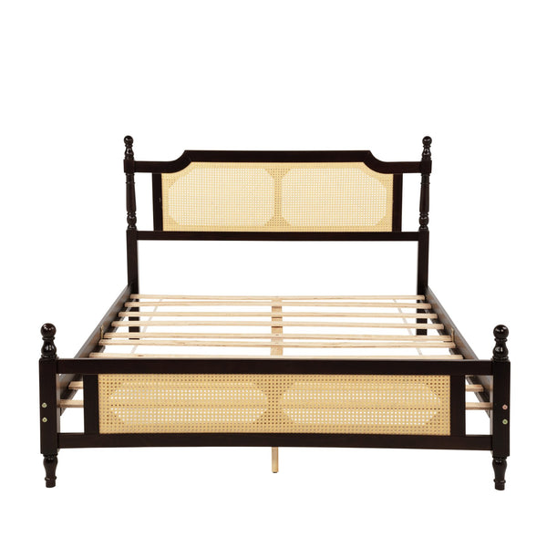 English Elm Queen Pine Rattan Bed in Espresso — Classic Pine Wood Queen Frame, Space-Saving Platform, 400lb Capacity W504P266746