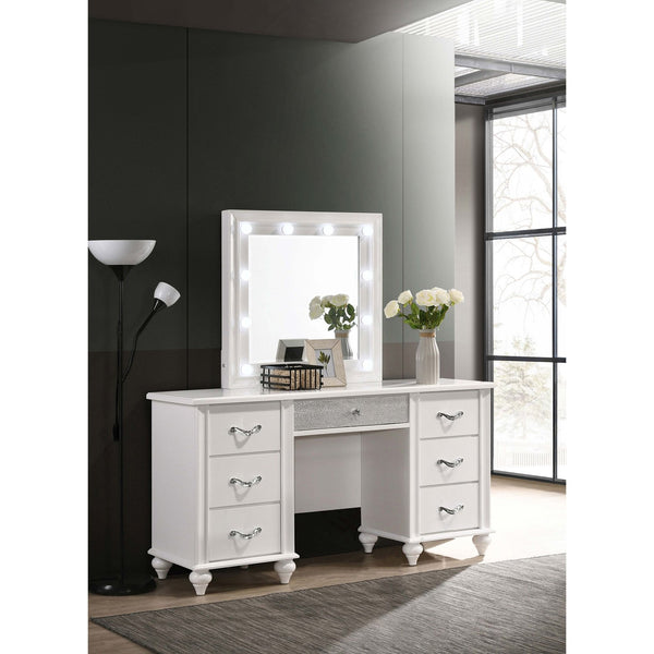 English Elm Charlotte White 7-Drawer Vanity Desk with LED Mirror, Glossy Modern Glam Makeup Table for Luxe Rooms B062S01008
