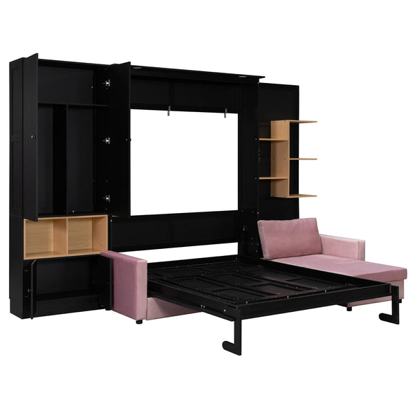 English Elm Queen Murphy Wall Bed with Velvet Sofa Built in Shelves Cabinets and Reading Lights Black LP000393AAB
