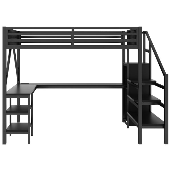 English Elm Metal Full Loft Bed with L Shaped Desk Wardrobe Rgb Lighting and Usb Charging Black W2593S00053