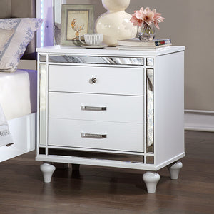 English Elm White Crocodile-Textured Nightstand with Mirror Trim, Felt-Lined Top Drawers & Ornate Bun Feet - Contemporary Bedroom Accent B011P402573