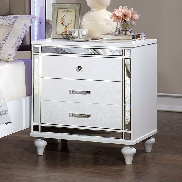 English Elm White Crocodile-Textured Nightstand with Mirror Trim, Felt-Lined Top Drawers & Ornate Bun Feet - Contemporary Bedroom Accent B011P402573