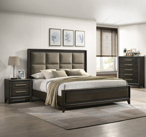 English Elm 1pc Elegant Queen Panel Bed Upholstered Headboard with Solid Wood Legs, Modern Luxe Bedroom Centerpiece Brown 86 L x 11 W x 7 H B011S01224