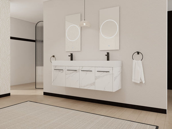 English Elm 60 Inch Wall-Mounted Bathroom Vanity With Double Resin Sinks, Modern Design, Storage & Style W999S00254