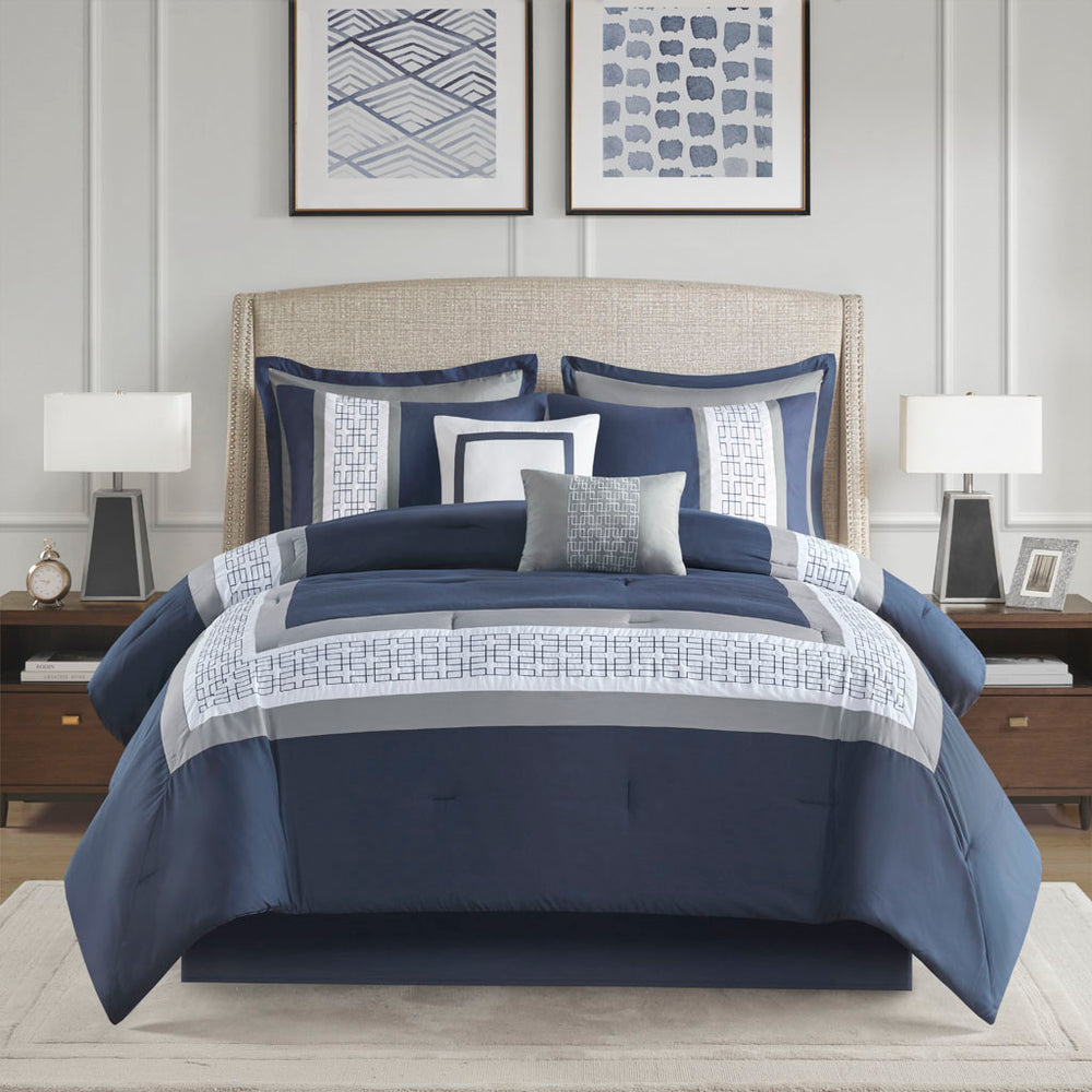 JLA Home 510 Design - 8 Embroidered Comforter Set with Hotel-Inspired Navy & Grey Accents, Hypoallergenic Luxury Finish 90 L x 90 W x 1.5H 5DS10-0277