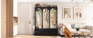 English Elm Farmhouse Hall Tree with Arched Panels Bench Drawers and Hooks for Mudroom Entryway Black W5271S00005